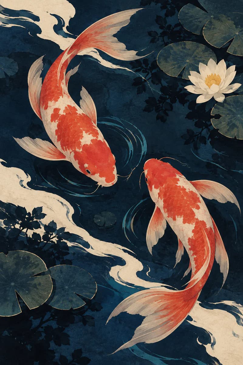 Coral-red koi swimming through a midnight-blue illustrated pool